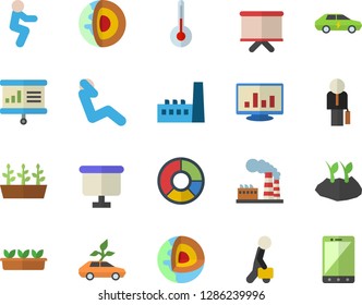 Color flat icon set temperature flat vector, planting plants, seedlings, factory, manufactory, eco cars, electric, flipchart, computer chart, clircle diagram, businessman, presentaition board
