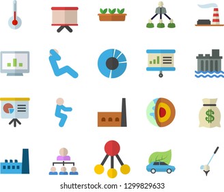 Color flat icon set temperature flat vector, seedlings, factory, hydroelectric power station, manufactory, eco cars, hierarchy, wealth, flipchart, computer chart, clircle diagram, squats, golf