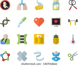 Color flat icon set temperature flat vector, pineapple, pipette, heart, computer diagnostics of health, medical analysis, injury, patch, embryo, molecules, stomach, lungs, dna, barbell, centimeter