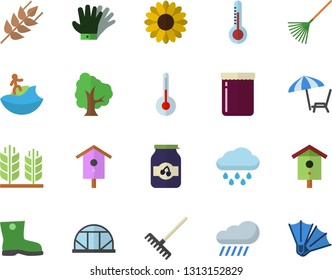 Color flat icon set temperature flat vector, ear, jam, thermometer, nesting box, tree, flower, rake, gumboots, gloves, rain, greenhouse, chaise lounge fector, surfing, flippers