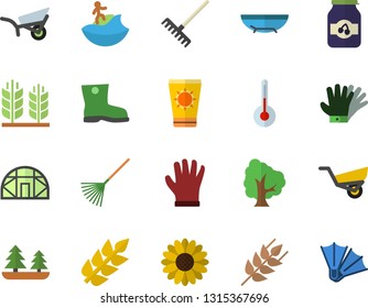 Color flat icon set temperature flat vector, ear, jam, tree, flower, rake, garden wheelbarrow, gumboots, gloves, greenhouse, forest, sea beach fector, sun protection cream, surfing, flippers