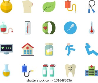 Color flat icon set temperature flat vector, thermometer, tree leaf, medical warmer, blood transfusion, computer diagnostics of health, hospital, analysis, ampoule, breast, sperm, tooth, fitball
