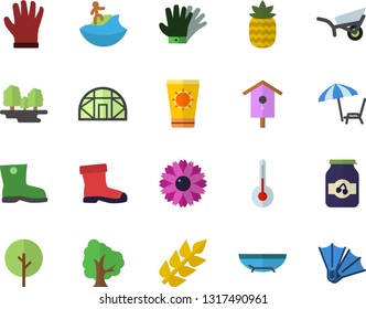 Color flat icon set temperature flat vector, jam, pineapple, nesting box, tree, flower, garden wheelbarrow, gumboots, gloves, greenhouse, forest, ear, sea beach fector, chaise lounge, surfing