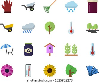 Color flat icon set temperature flat vector, jam, thermometer, nesting box, tree, flower, rake, garden wheelbarrow, gloves, rain, forest, ear, chaise lounge fector, flippers