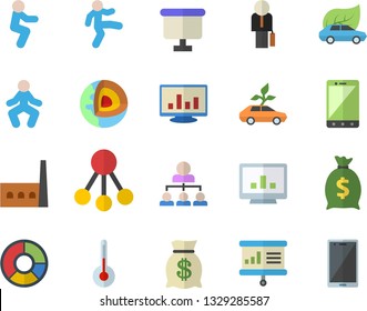 Color flat icon set temperature flat vector, manufactory, eco cars, hierarchy, wealth, flipchart, computer chart, clircle diagram, businessman, presentaition board, core of the earth fector, squats