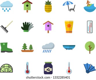 Color flat icon set temperature flat vector, jam, pineapple, thermometer, nesting box, tree, rake, gumboots, gloves, rain, greenhouse, forest, sea beach fector, chaise lounge, sun protection cream