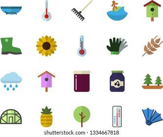 Color flat icon set temperature flat vector, ear, jam, pineapple, thermometer, nesting box, tree, flower, rake, gumboots, gloves, rain, greenhouse, forest, sea beach fector, surfing, flippers