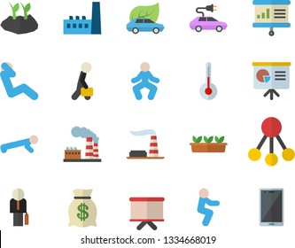 Color flat icon set temperature flat vector, planting plants, seedlings, factory, manufactory, eco cars, electric, hierarchy, wealth, flipchart, businessman, presentaition board, gymnastics, squats