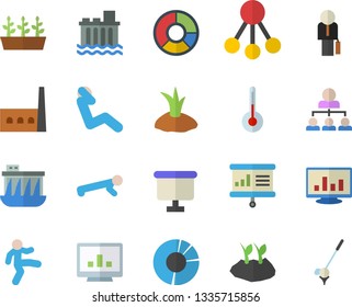 Color flat icon set temperature flat vector, planting plants, seedlings, hydroelectric power station, manufactory, hierarchy, flipchart, computer chart, clircle diagram, businessman, gymnastics