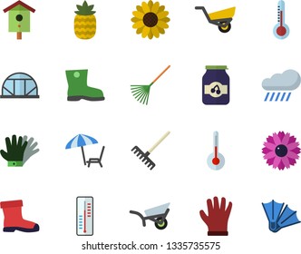 Color flat icon set temperature flat vector, jam, pineapple, thermometer, nesting box, flower, rake, garden wheelbarrow, gumboots, gloves, rain, greenhouse, chaise lounge fector, flippers