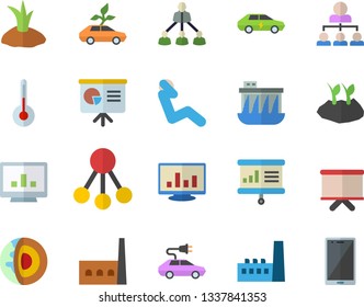 Color flat icon set temperature flat vector, planting plants, hydroelectric power station, manufactory, eco cars, electric, hierarchy, flipchart, computer chart, presentaition board, swing press