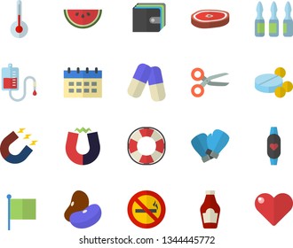 Color Flat Icon Set Temperature Flat Vector, Ketchup, Legumes, Watermelon, Chop, Magnet, Purse, Flag, Pills, Blood Transfusion, Ampoule, Boxing Gloves, Fitness Bracelet, No Smoking Fector, Lifebuoy