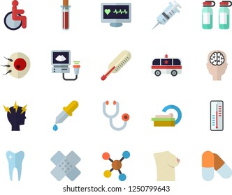 Color flat icon set thermometer flat vector, pipette, blood test, syringe, computer diagnostics of health, disabled, stethoscope, headache, ambulance, patch, ampoule, ultrasound, tomograph, breast