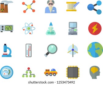 Color flat icon set thermometer flat vector, earth, molecules, microscope, molecule, atom, gas burner, computer, nuclear power plant, hostory roll, cpu, oscilloscope, lightning, magnifier, scientist