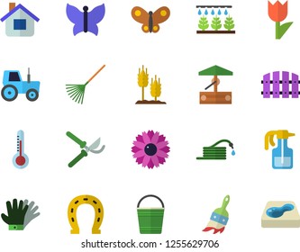 Color flat icon set thermometer flat vector, ear, well, flower, pulverizer, horseshoe, tractor, sprinkling machine, hose, fence, secateurs, paint brush, rake, bucketful, tulip, house, gloves, pool