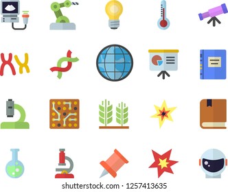 Color flat icon set thermometer flat vector, earth, microscope, ultrasound, DNA, chromosomes, flask, bulb, spark, textbook, presentaition board, pushpin, industrial robot, telescope, ear