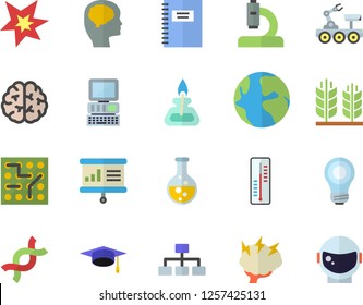Color flat icon set thermometer flat vector, chemistry, earth, microscope, DNA, bulb, gas burner, computer, spark, bachelor cap, brainstorm, notebook, presentaition board, lunar rover, ear, brain
