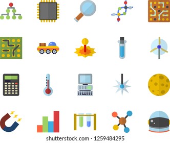 Color flat icon set thermometer flat vector, laser, magnet, molecules, chart, moon, computer, cpu, magnifier, beakers, calculator, lunar rover, electronic circuit, windmill, dna, classification