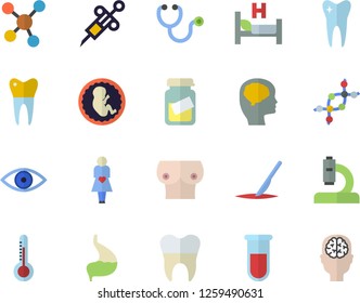 Color flat icon set thermometer flat vector, blood test, syringe, stethoscope, microscope, hospital bed, medical analysis, eye, embryo, gestation, breast, scalpel, molecules, tooth, dental crowns