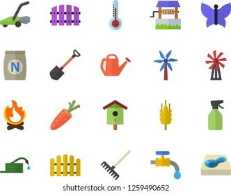 Color flat icon set thermometer flat vector, windmill, ear, fertilizer vectory, well, nesting box, carrot, pulverizer, shovel, hose, fence, rake, watering can, water tap, butterflies, bonfire, pool