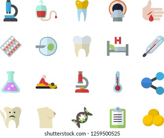 Color flat icon set thermometer flat vector, molecules, pill packaging, blood transfusion, hospital bed, massage, injury, tomograph, breast, artificial insemination, broken tooth, dental crowns, dna