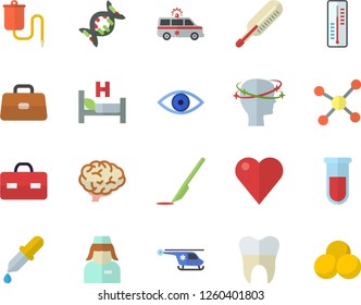 Color flat icon set thermometer flat vector, medical warmer, pipette, blood test, heart, briefcase, hospital bed, eye, headache, ambulance, helicopter, nurse, scalpel, dental crowns, molecule, dna