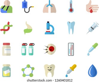 Color flat icon set thermometer flat vector, medical warmer, pipette, syringe, microscope, analysis, injury, ampoule, DNA, artificial insemination, tooth, caries, stomach, lungs, molecule, vitamins