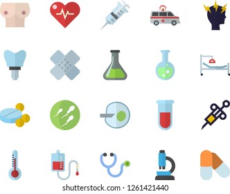 Color flat icon set thermometer flat vector, chemistry, pills, blood transfusion, test, syringe, stethoscope, hospital bed, headache, ambulance, patch, breast, sperm, artificial insemination, flask