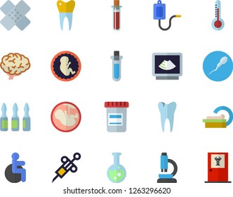 Color flat icon set thermometer flat vector, vial, medical warmer, blood test, syringe, disabled, patch, ampoule, ultrasound, embryo, tomograph, sperm, caries, dental crowns, flask, microscope