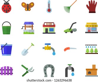 Color flat icon set thermometer flat vector, well, ladybird, grain warehouse, horseshoe, sprinkling machine, shovel, fence, knife, secateurs, rake, bucketful, water tap, gloves, butterflies