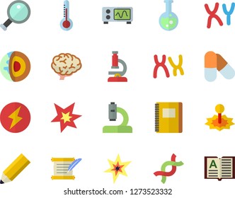 Color flat icon set thermometer flat vector, laser, microscope, DNA, chromosomes, flask, pencil, spark, hostory roll, oscilloscope, lightning, magnifier, notebook, brain, core of the earth fector