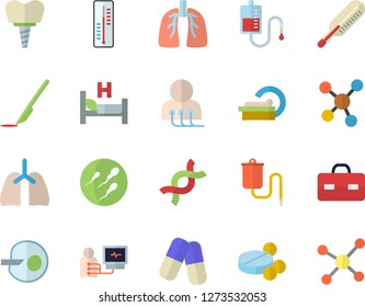 Color flat icon set thermometer flat vector, pills, medical warmer, blood transfusion, briefcase, hospital bed, diagnostics, tomograph, scalpel, DNA, molecules, sperm, artificial insemination, lungs