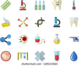 Color flat icon set thermometer flat vector, chemistry, molecules, pill packaging, blood transfusion, test, patch, ampoule, helicopter, embryo, artificial insemination, broken tooth, dental crowns