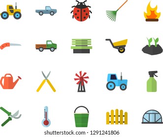 Color flat icon set thermometer flat vector, windmill, pickup truck, pulverizer, ladybird, tractor, fence, knife, secateurs, rake, watering can, bucketful, planting plants, garden wheelbarrow, bench