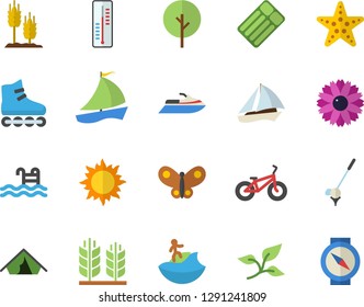 Color flat icon set thermometer flat vector, ear, tree, flower, sun, butterflies, leaf, sailboat, bicycle, roller Skates, pool, fector, tent, surfing, starfish, golf, water scooter, compass