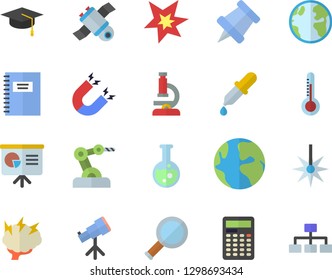 Color flat icon set thermometer flat vector, earth, laser, pipette, flask, microscope, satellit, spark, bachelor cap, magnet, brainstorm, magnifier, notebook, presentaition board, pushpin, telescope
