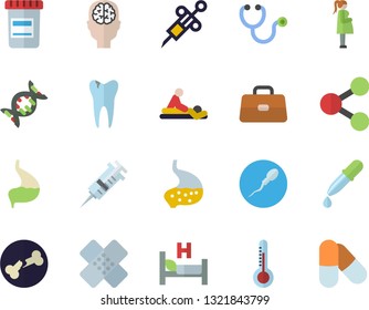 Color flat icon set thermometer flat vector, molecules, vial, pipette, syringe, stethoscope, briefcase, hospital bed, massage, patch, gestation, sperm, caries, bone fracture, stomach, dna, pills