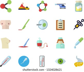 Color flat icon set thermometer flat vector, molecules, blood transfusion, pipette, syringe, medical analysis, massage, eye, helicopter, nurse, breast, scalpel, sperm, artificial insemination