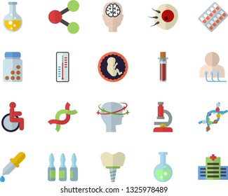 Color flat icon set thermometer flat vector, chemistry, molecules, pill packaging, pipette, blood test, disabled, headache, diagnostics, ampoule, embryo, DNA, artificial insemination, implant, flask