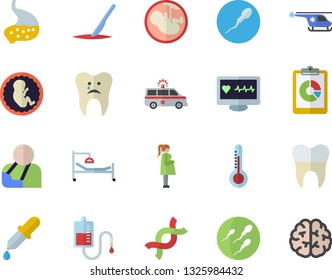 Color flat icon set thermometer flat vector, graphic report, blood transfusion, pipette, computer diagnostics of health, hospital bed, injury, ambulance, helicopter, embryo, gestation, scalpel, DNA