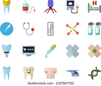 Color flat icon set thermometer flat vector, blood transfusion, pipette, computer diagnostics of health, stethoscope, virus, hospital bed, patch, ampoule, ultrasound, helicopter, breast, sperm, dna