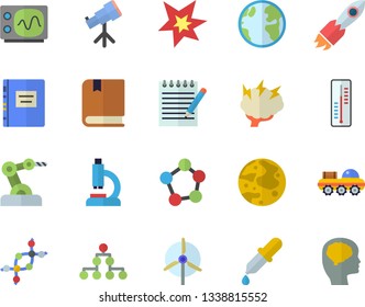 Color flat icon set thermometer flat vector, earth, rocket, pipette, microscope, molecules, notepad, moon, spark, oscilloscope, textbook, brainstorm, industrial robot, lunar rover, telescope, dna