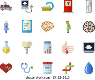 Color flat icon set thermometer flat vector, chemistry, graphic report, vial, stethoscope, injury, ambulance, ultrasound, tomograph, gestation, DNA, implant, brain, heartbeat, vitamins, drop