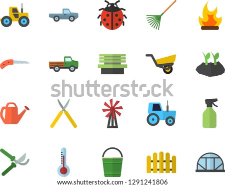 Color flat icon set thermometer flat vector, windmill, pickup truck, pulverizer, ladybird, tractor, fence, knife, secateurs, rake, watering can, bucketful, planting plants, garden wheelbarrow, bench