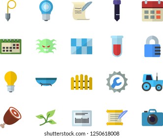 Color flat icon set tile flat vector, repair, construction plummet, ham, tractor, fence, tree leaf, lamp, barcode, blood test, virus, calendar, tie, hostory roll, sea beach fector, lock, camera