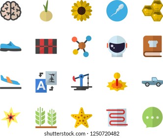 Color flat icon set tile flat vector, warm floor, cookbook, onion, honeycomb, pickup truck, flower, oil pumping, laser, molecules, sperm, spark, ear, brain, astronaut helmet fector, sneakers, chat