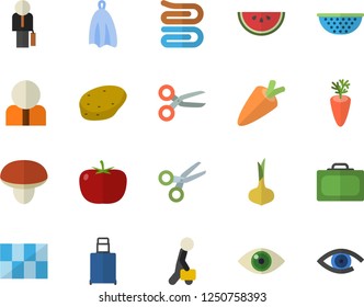 Color flat icon set tile flat vector, colander, towel, mushroom, potato, tomato, onion, carrot, watermelon, person, businessman, suitcase fector, luggage, scissors, eye