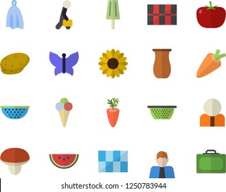 Color flat icon set tile flat vector, colander, towel, jugful, mushroom, potato, tomato, carrot, watermelon, ice cream, flower, butterflies, person, businessman, suitcase fector