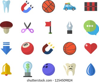 Color flat icon set tile flat vector, scissors, mushroom, magnet, idea, chat, tooth, broken, ink pen, bowling ball, basketball, sports flag, car fector, bell, download, heart, drop