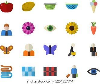 Color flat icon set tile flat vector, colander, towel, potato, tomato, carrot, ice cream, flower, butterflies, person, businessman, luggage fector, eye